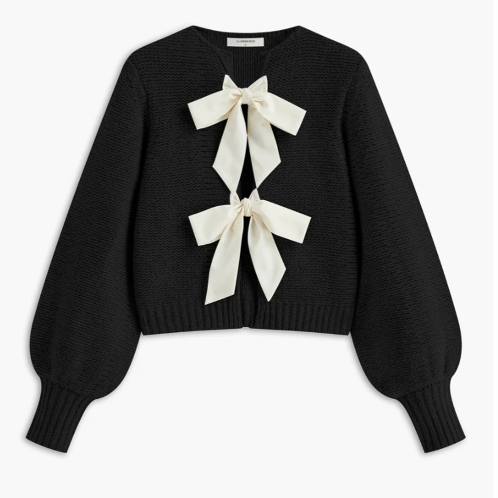 Commense Black Cardigan with Cream Bows